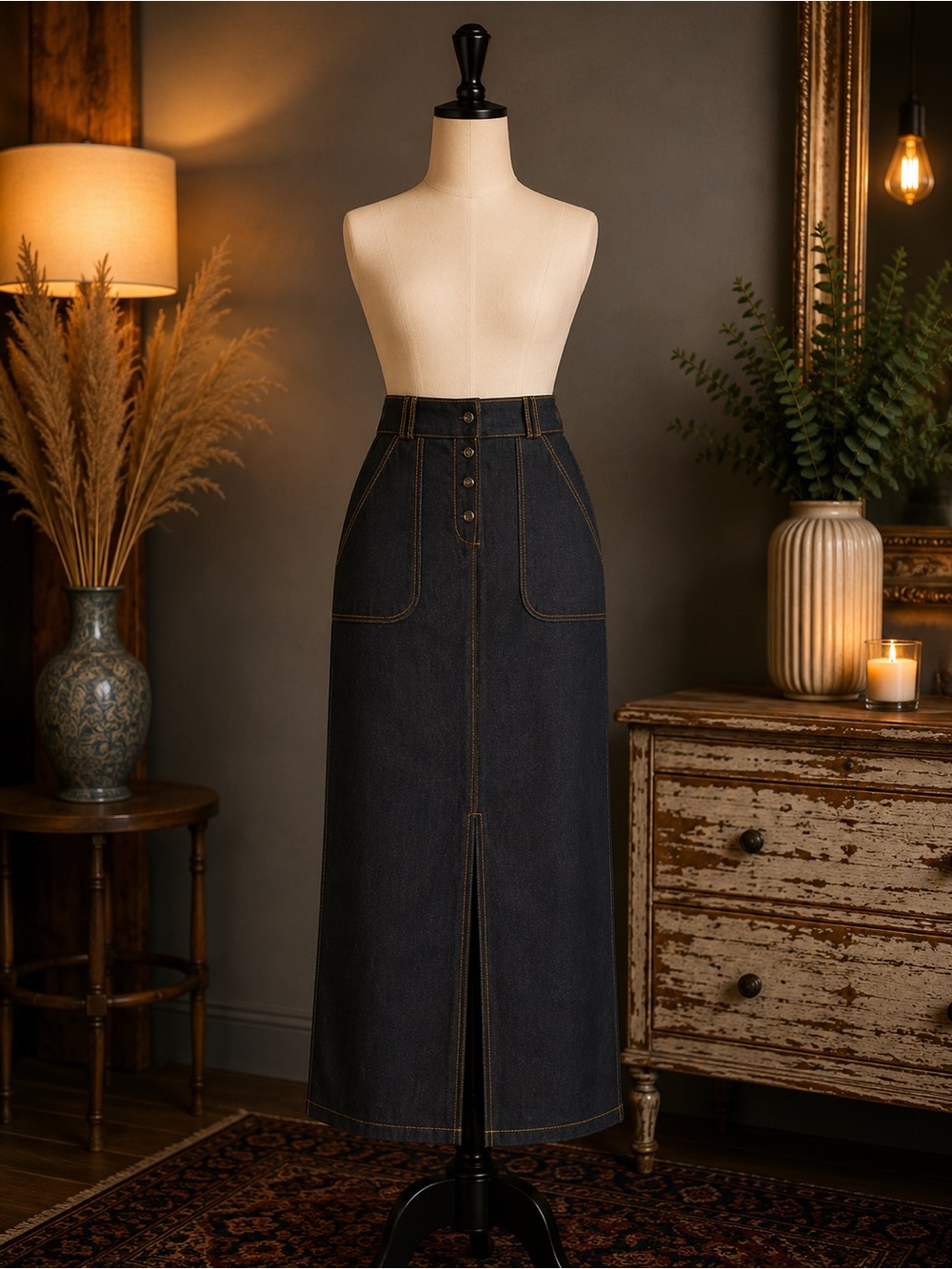 High-Waist Dark Indigo Denim Maxi Skirt with Front Buttons